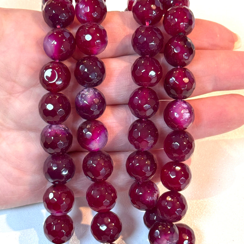 Fuchsia Agate Gemstone Beads – 12mm Faceted Round, Dyed Agate, 31 Beads per Strand