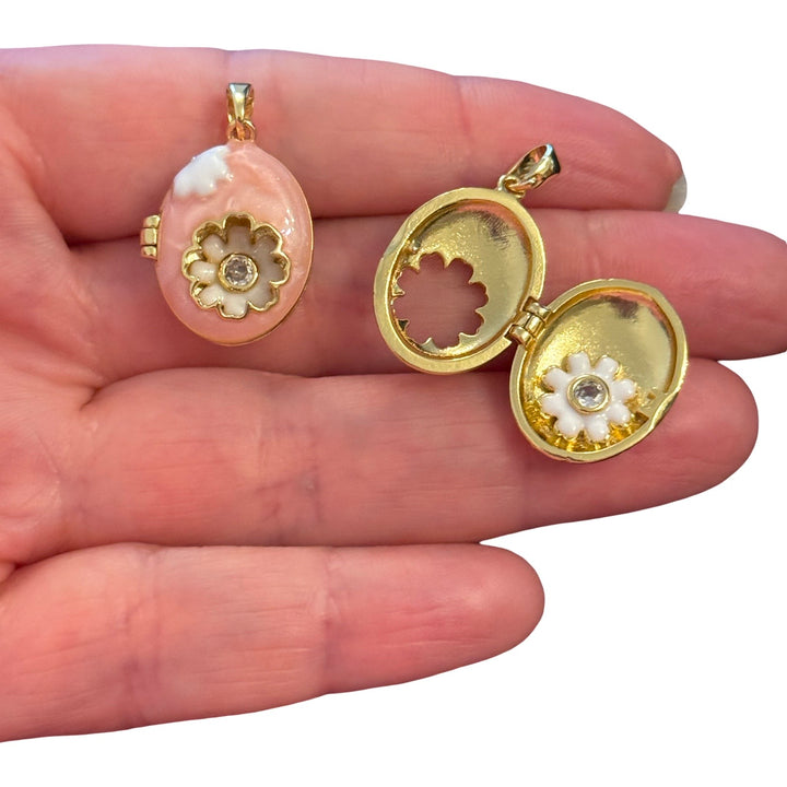 24Kt Gold Plated Enamel Daisy Locket Pendant with CZ – Pink Oval Opening Flower Locket