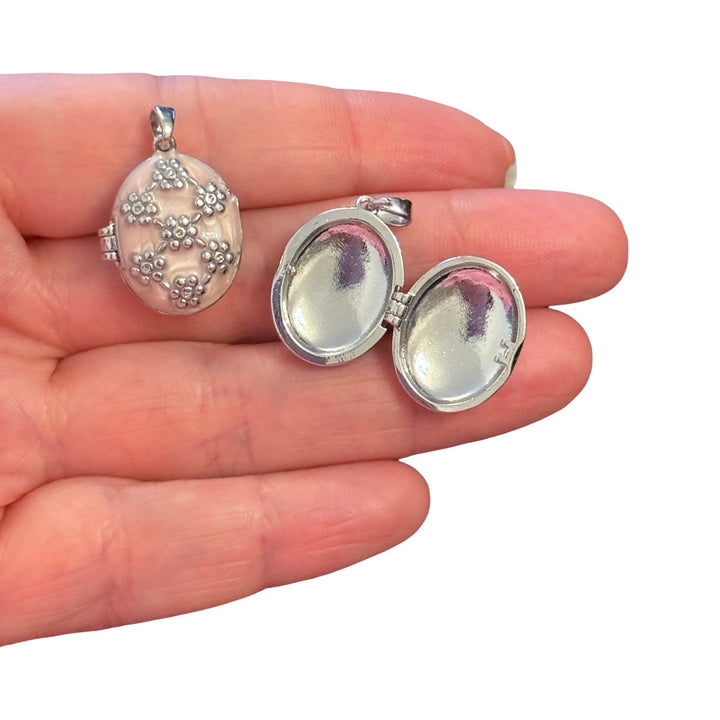 Rhodium Plated Floral Locket Pendant – White Enamel Oval Opening Flower Locket
