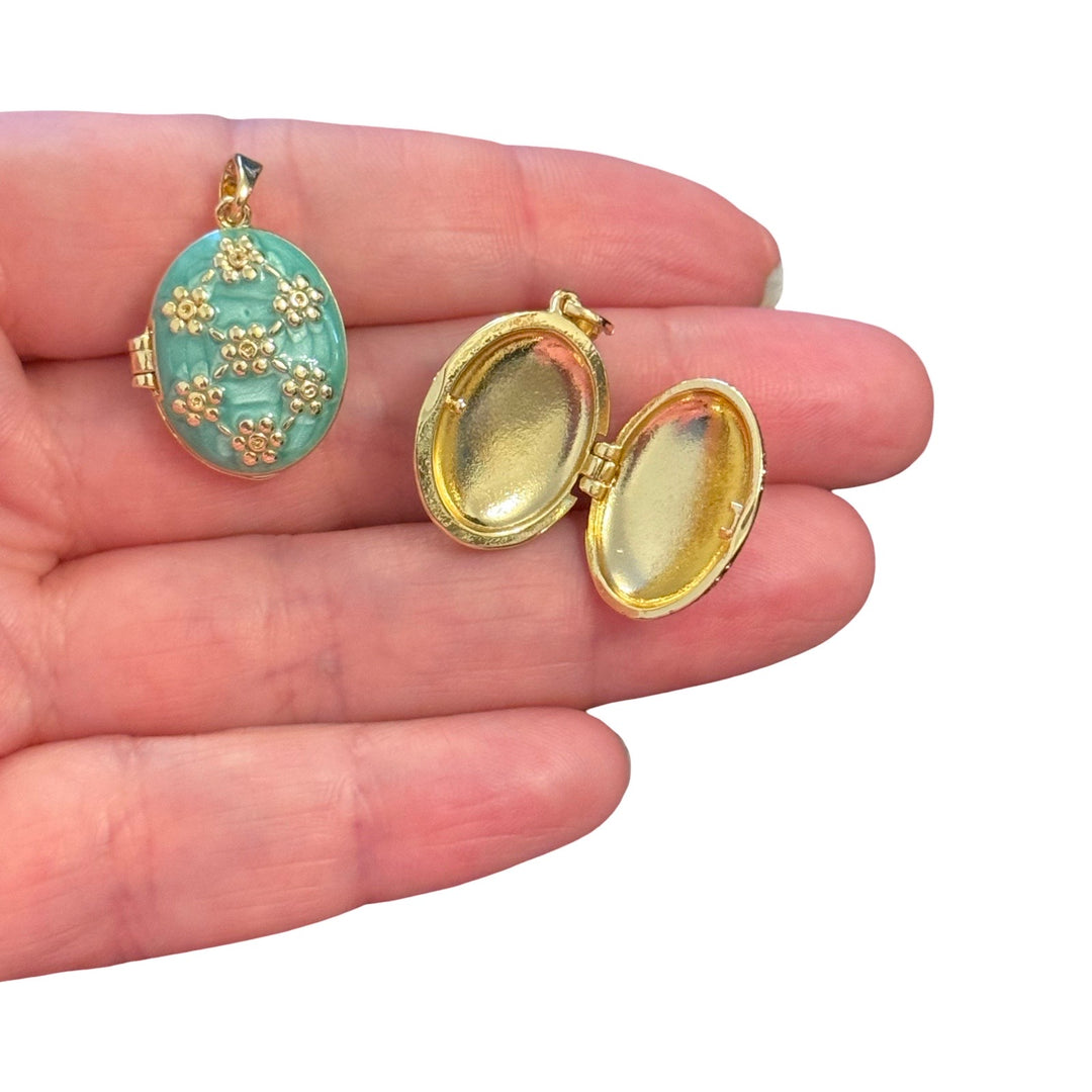 24Kt Gold Plated Enamel Floral Locket Pendant – Turquoise Oval Opening Flower Locket