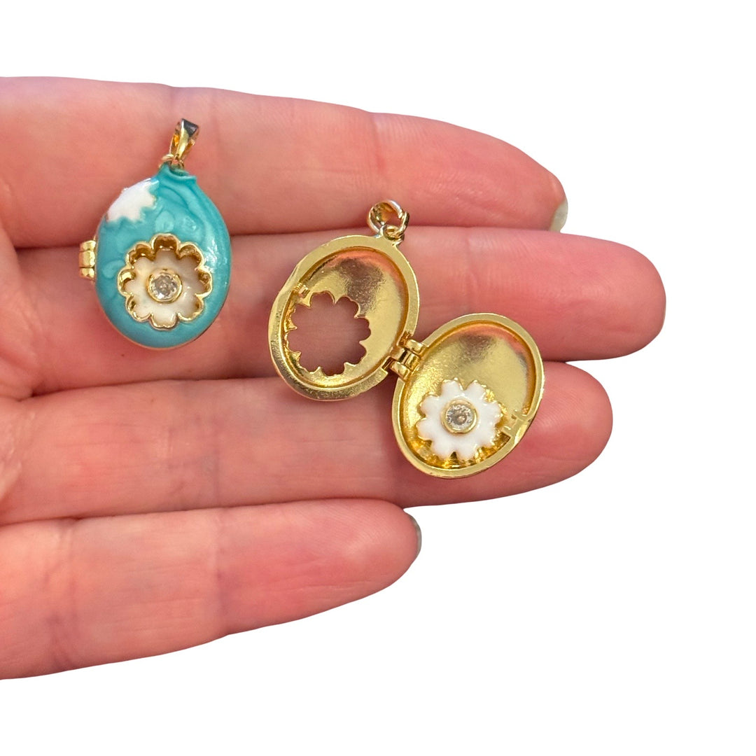 24Kt Gold Plated Enamel Daisy Locket Pendant with CZ – Turquoise Oval Opening Flower Locket