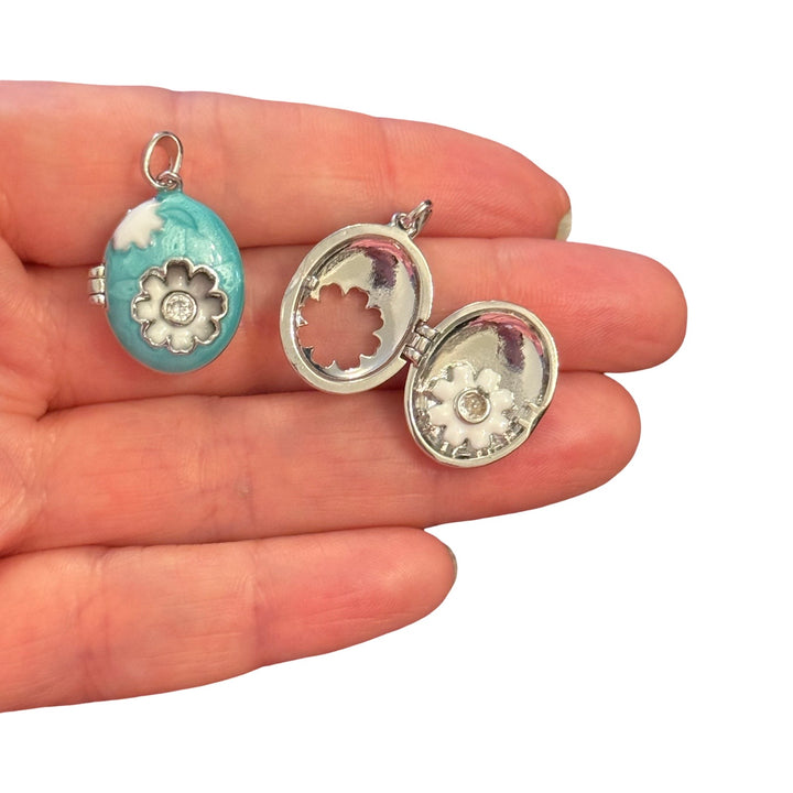 Rhodium Plated Enamel Daisy Locket Pendant with CZ – Turquoise Oval Opening Flower Locket