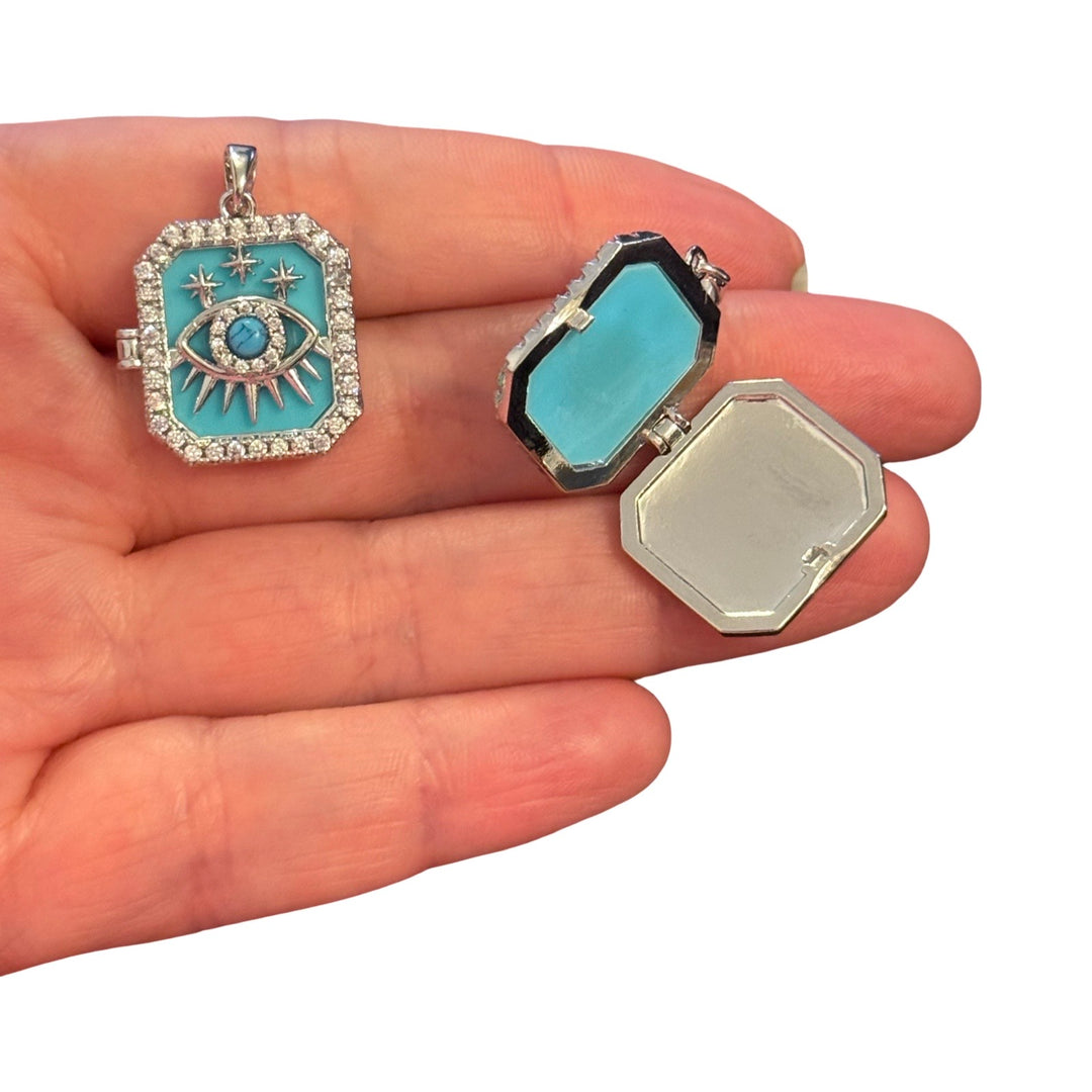 Rhodium Plated Turquoise Evil Eye Locket Pendant with CZ – Octagonal Opening Keepsake Locket