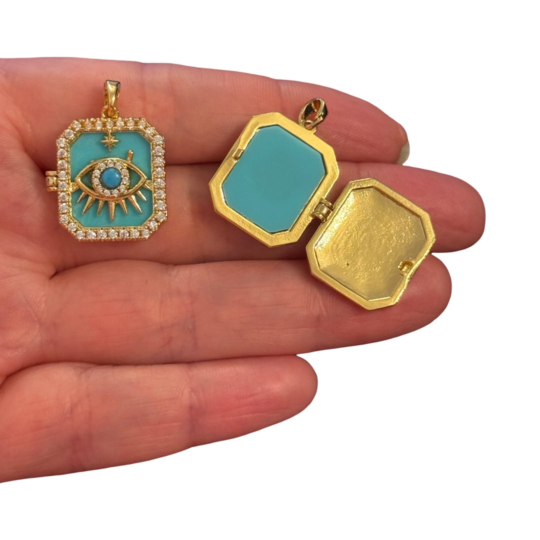 24Kt Gold Plated Turquoise Evil Eye Locket Pendant with CZ – Octagonal Opening Keepsake Locket