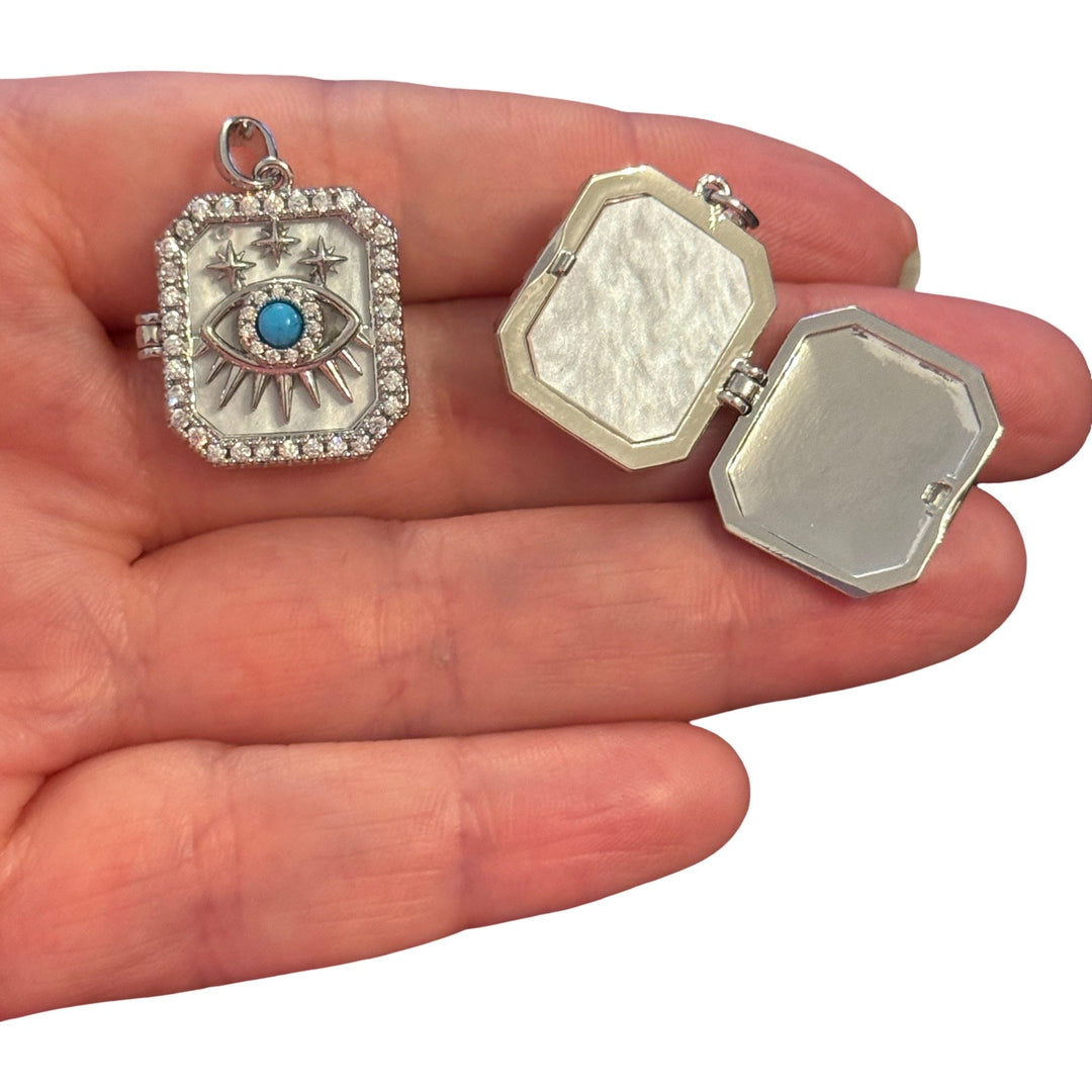 Rhodium Plated Mother of Pearl Evil Eye Locket Pendant with CZ – Octagonal Opening Keepsake Locket