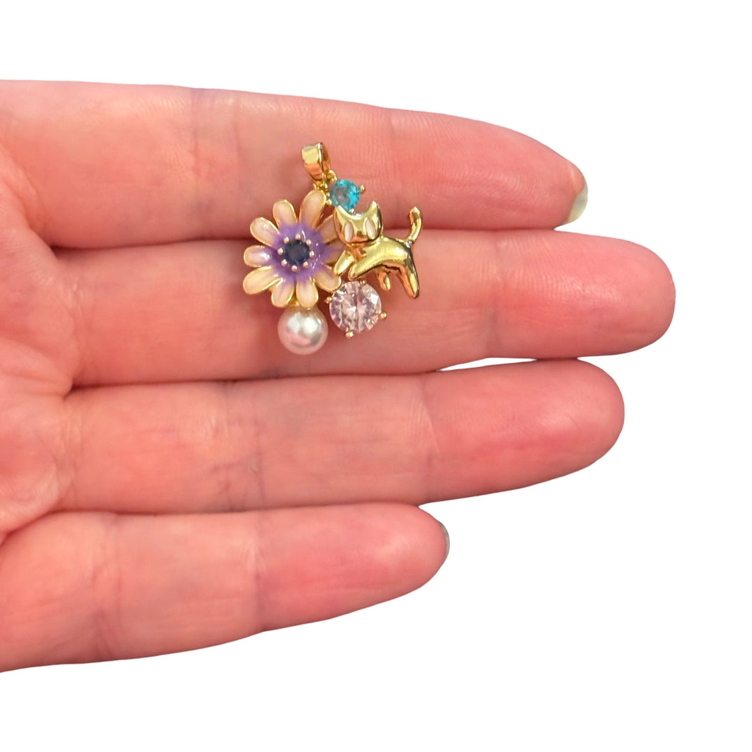 24Kt Gold Plated Enamel Cat &amp; Daisy Pendant with Pearl and CZ – Floral Charm Pendant
