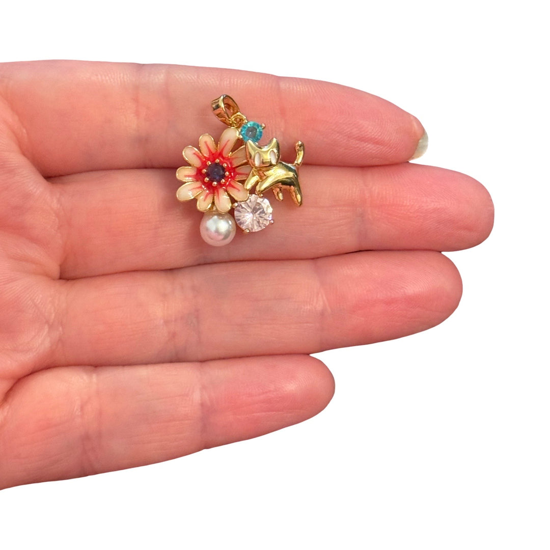 24Kt Gold Plated Enamel Cat &amp; Daisy Pendant with Pearl and CZ – Red Floral Charm Pendant