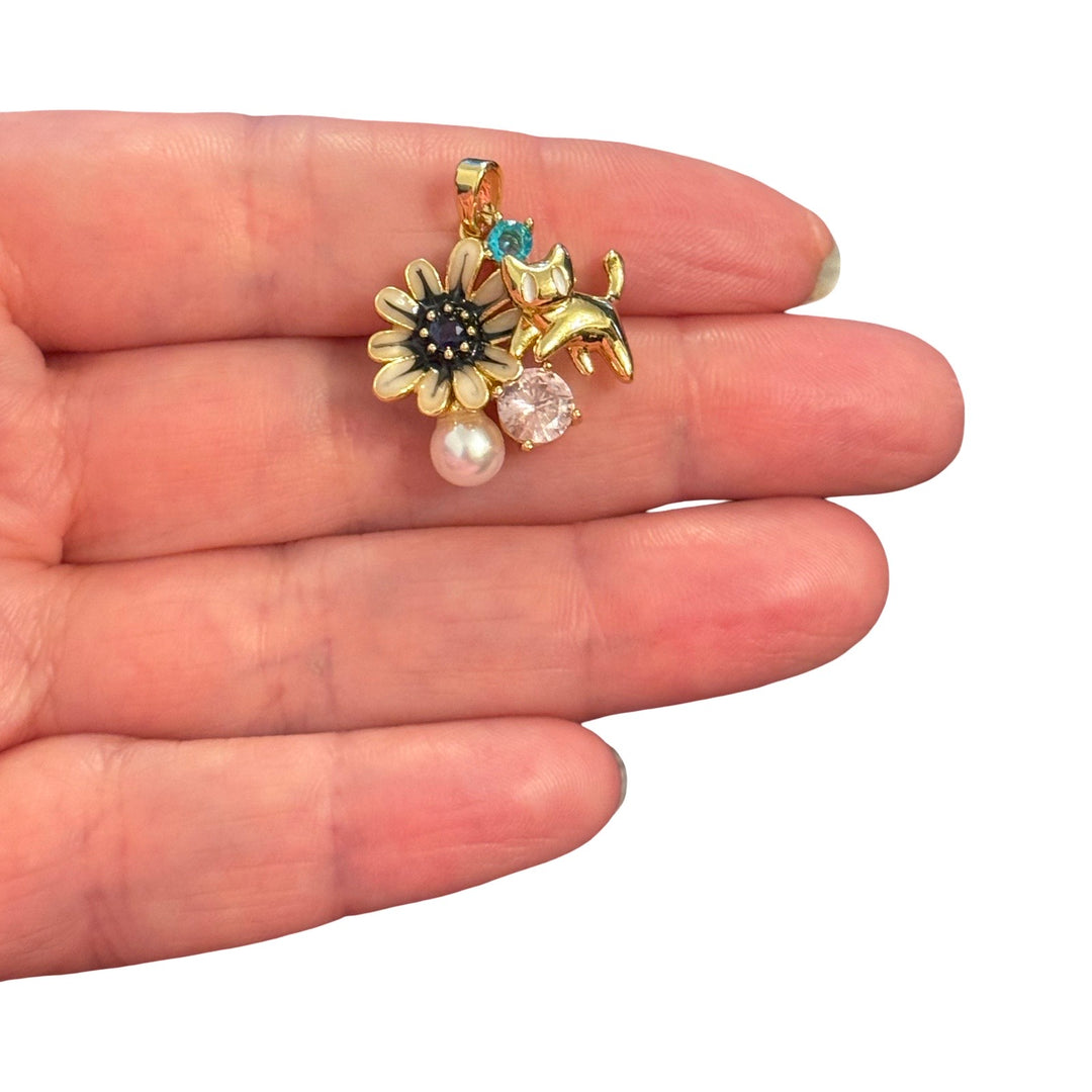 24Kt Gold Plated Enamel Cat &amp; Daisy Pendant with Pearl and CZ – Black Floral Charm Pendant
