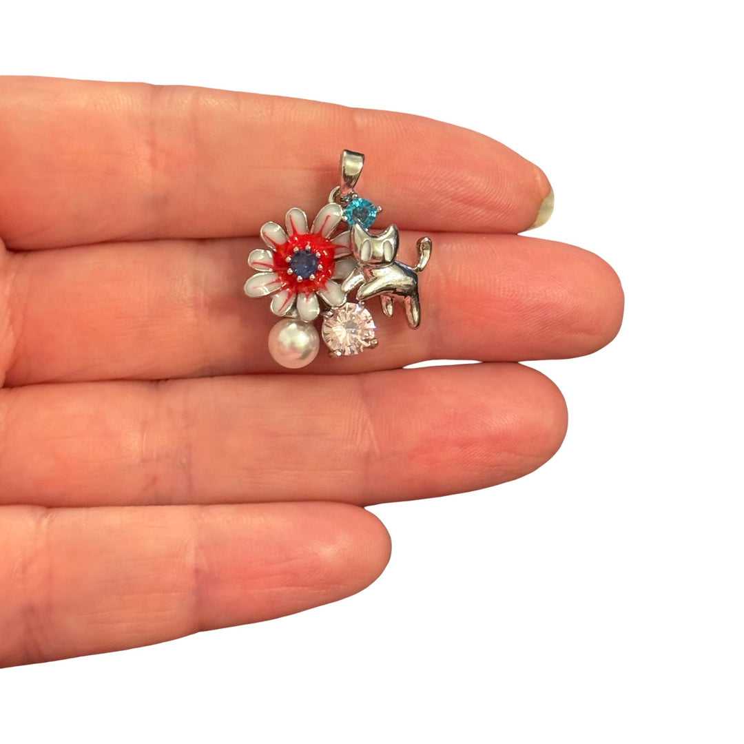 Rhodium Plated Enamel Cat &amp; Daisy Pendant with Pearl and CZ – Red Floral Charm Pendant