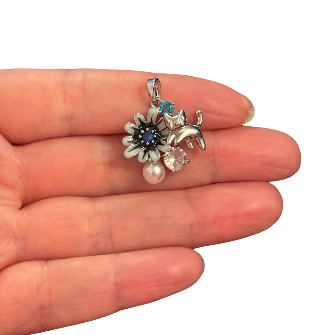 Rhodium Plated Enamel Cat &amp; Daisy Pendant with Pearl and CZ – Black Floral Charm Pendant