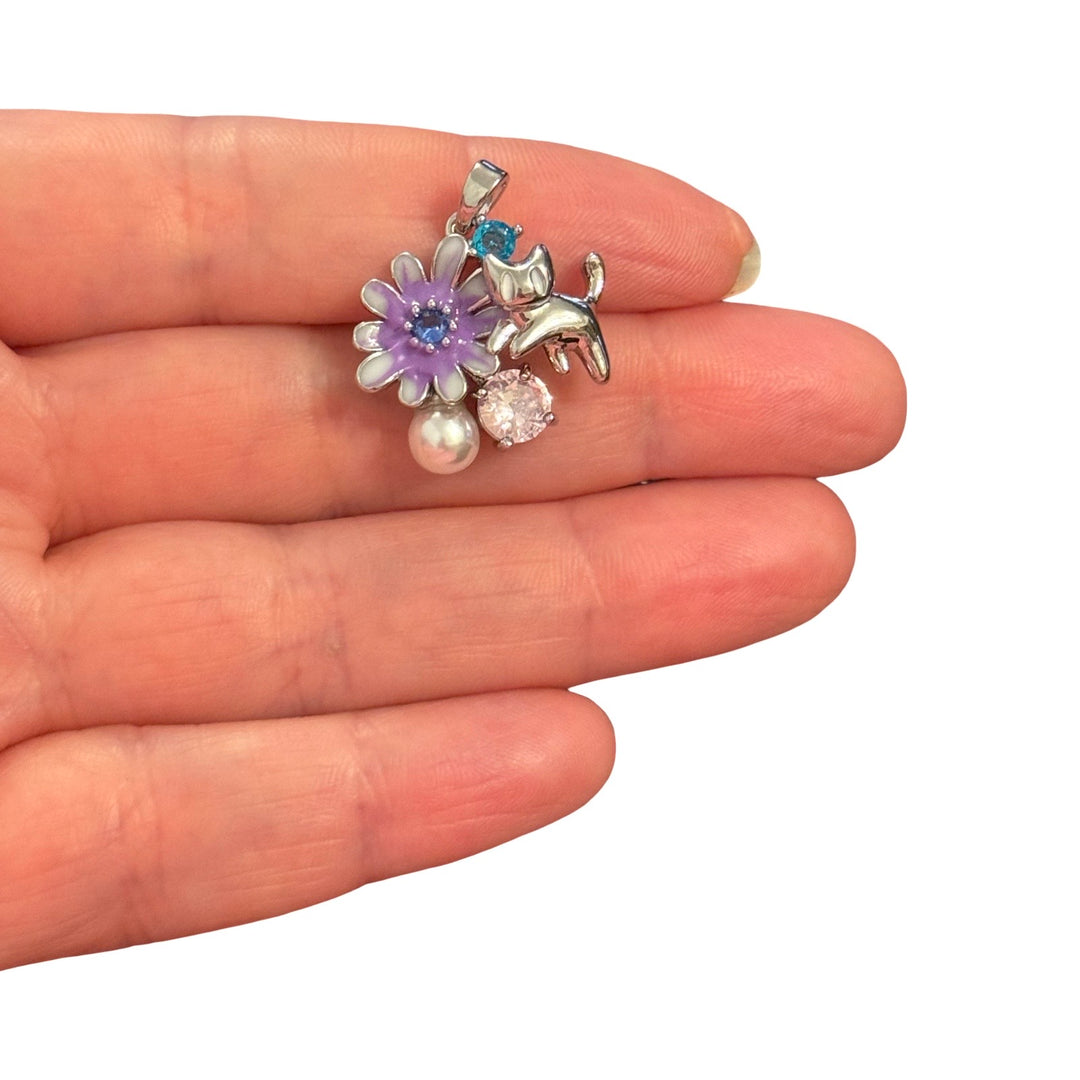Rhodium Plated Enamel Cat &amp; Daisy Pendant with Pearl and CZ – Purple Floral Charm Pendant