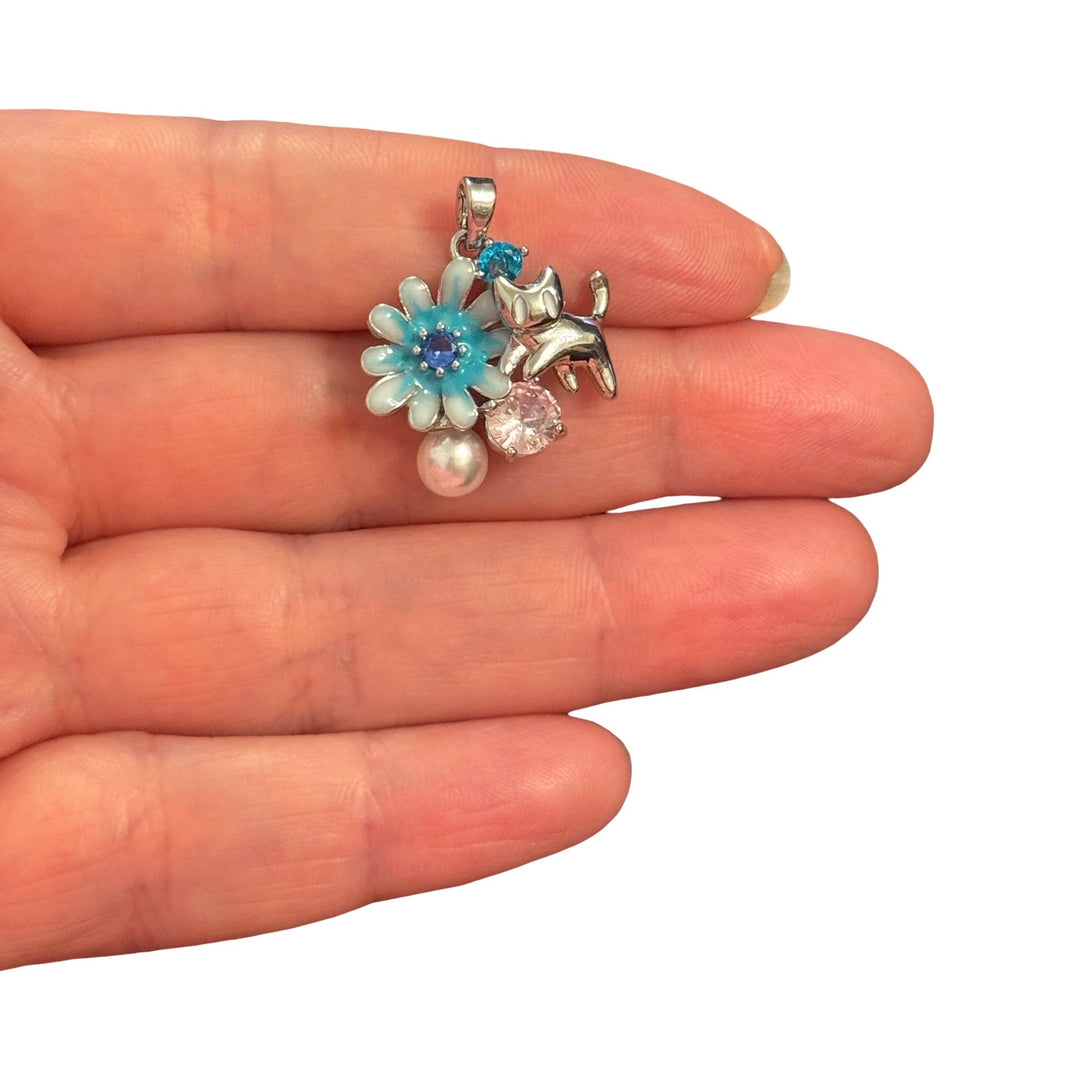 Rhodium Plated Enamel Cat &amp; Daisy Pendant with Pearl and CZ – Blue Floral Charm Pendant