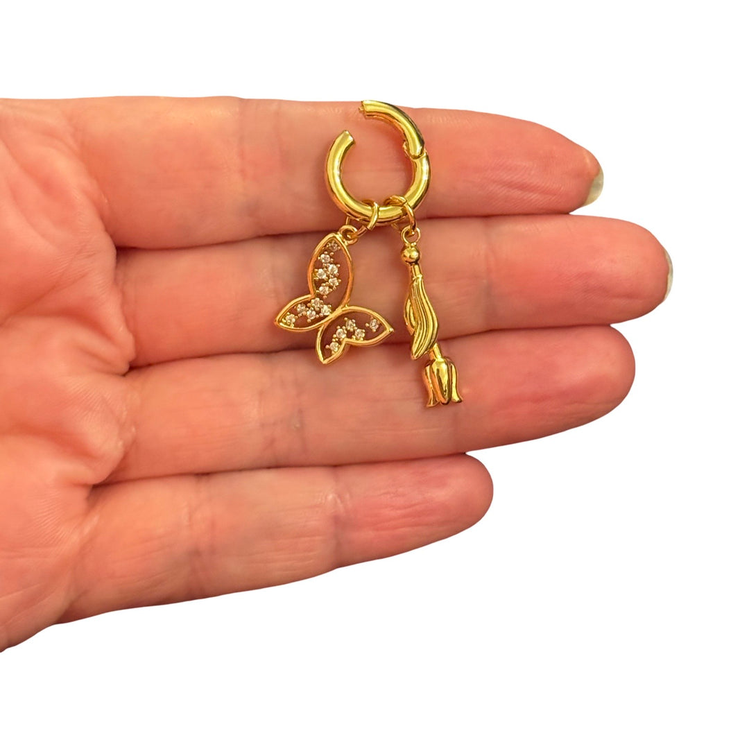 24Kt Gold Plated Butterfly &amp; Flower Dangle Hoop Charm – CZ Butterfly Charm, 36x15mm