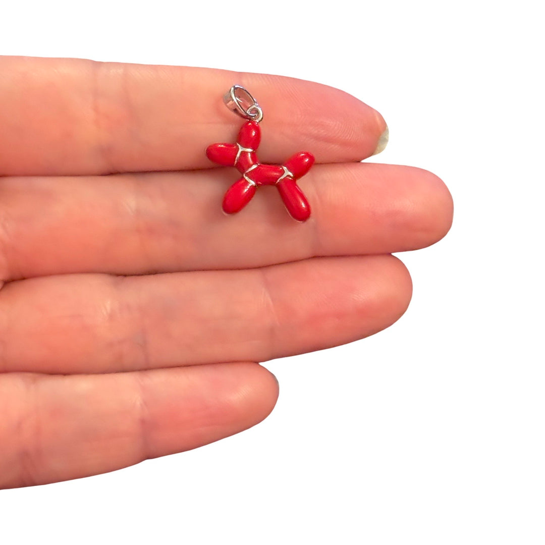 Rhodium Plated Red Balloon Dog Pendant – Enamel Dog Charm, 21x16mm