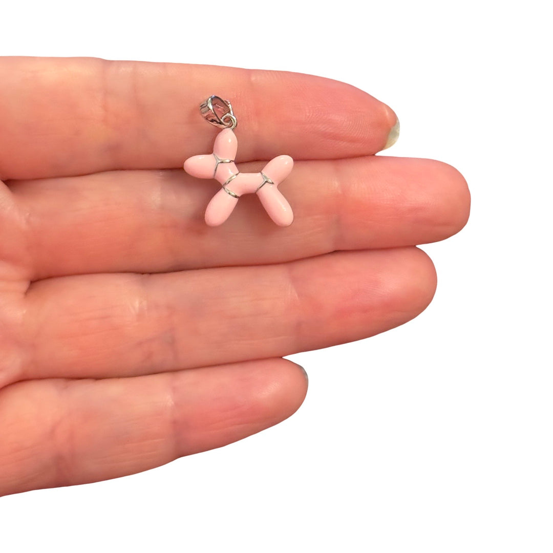 Rhodium Plated Cotton Candy Pink Balloon Dog Pendant – Enamel Dog Charm, 21x16mm