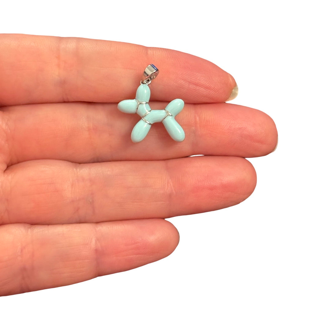 Rhodium Plated Ice Blue Balloon Dog Pendant – Enamel Dog Charm, 21x16mm