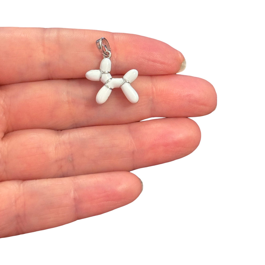 Rhodium Plated Snow White Balloon Dog Pendant – Enamel Dog Charm, 21x16mm