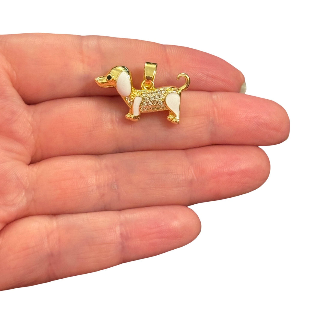 24Kt Gold Plated White Dachshund Pendant with CZ – Enamel Sausage Dog Charm, 25x16mm