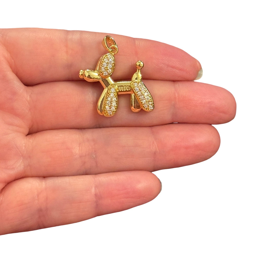 24Kt Gold Plated CZ Balloon Dog Pendant – Sparkling Poodle Dog Charm, 28x22mm