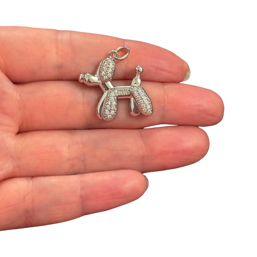 Rhodium Plated CZ Balloon Dog Pendant – Sparkling Poodle Dog Charm, 28x22mm