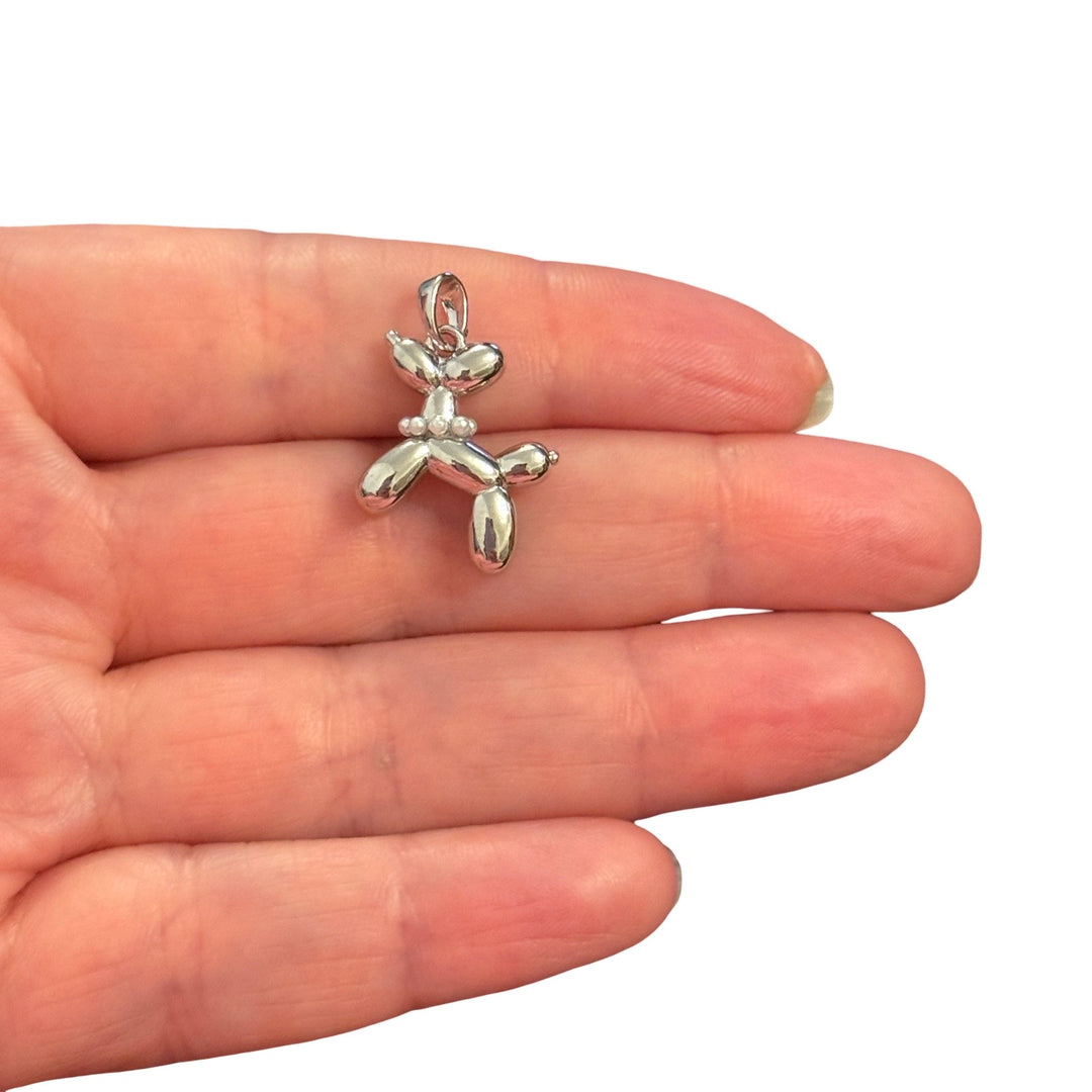 Rhodium Plated Balloon Dog Pendant with Beaded Collar – Minimalist Balloon Animal Charm, 21x16mm