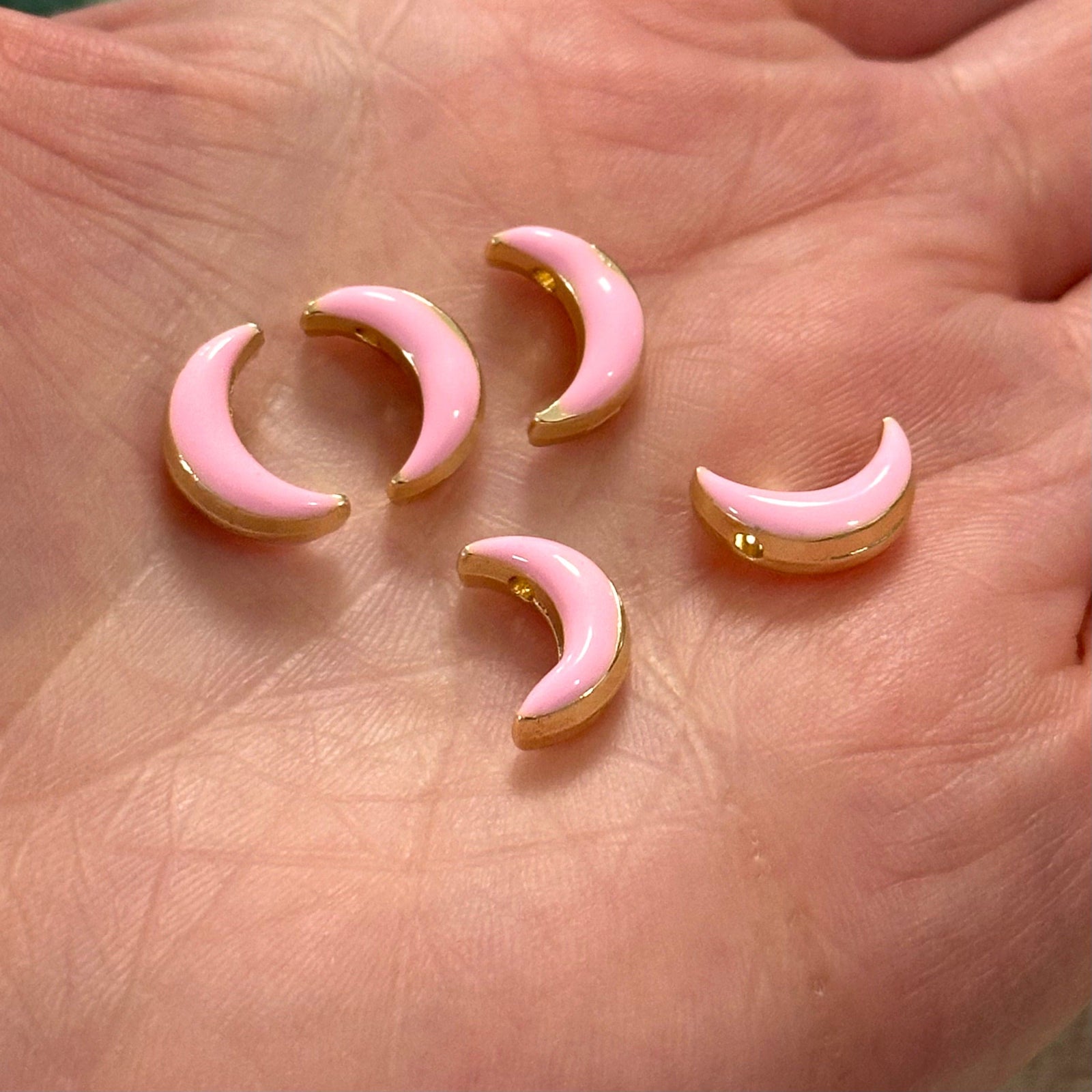 24Kt Gold Plated Double Side Pink Enamelled Crescent Charms, 5 pcs in a pack