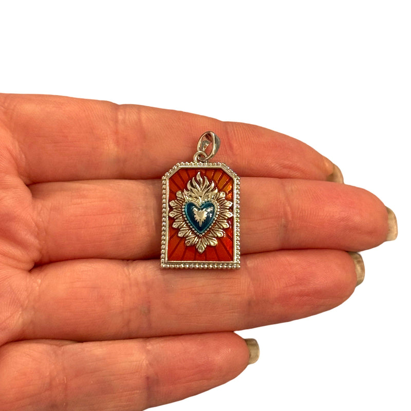 Sacred Heart Flame Pendant – Waterproof Stainless Steel Charm with Red Enamel