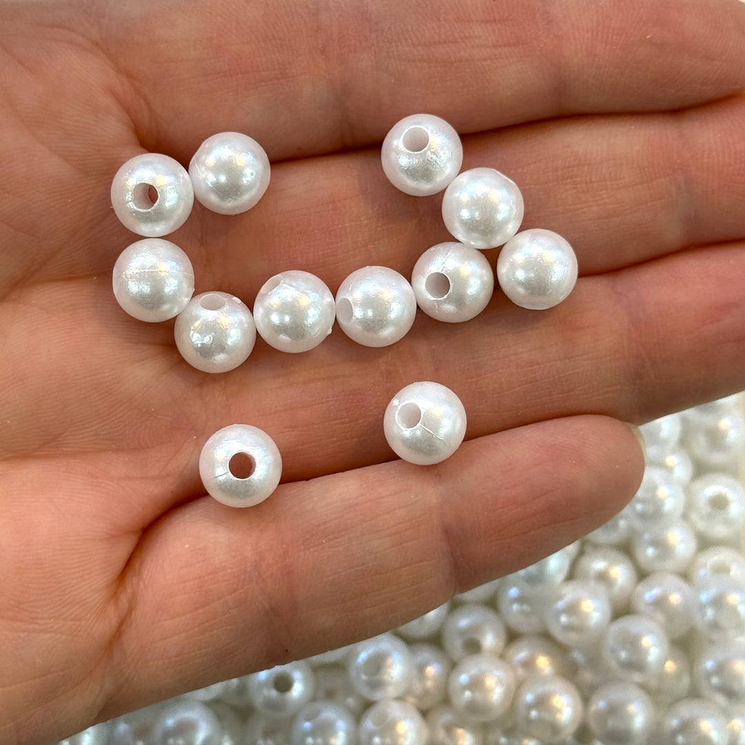 White Color Acrylic Pearl Round 8mm Beads with 2mm Hole, 50 Gr Pack-190 Beads