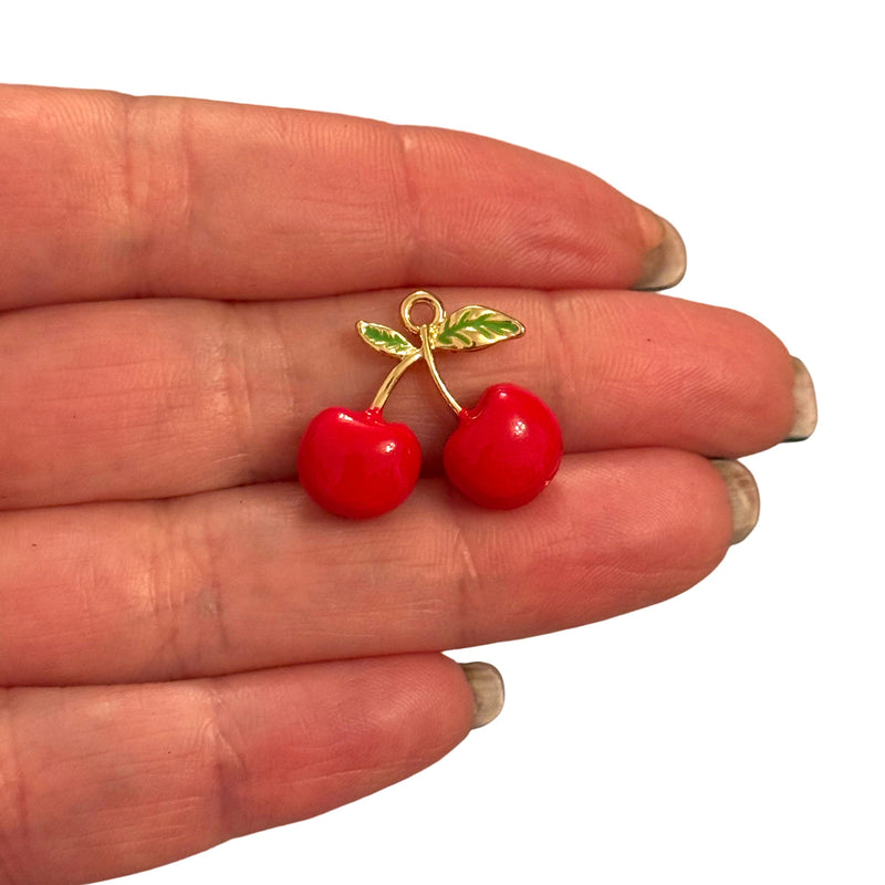 3D Double Cherry Charm – 24K Gold Plated Enamel Pendant