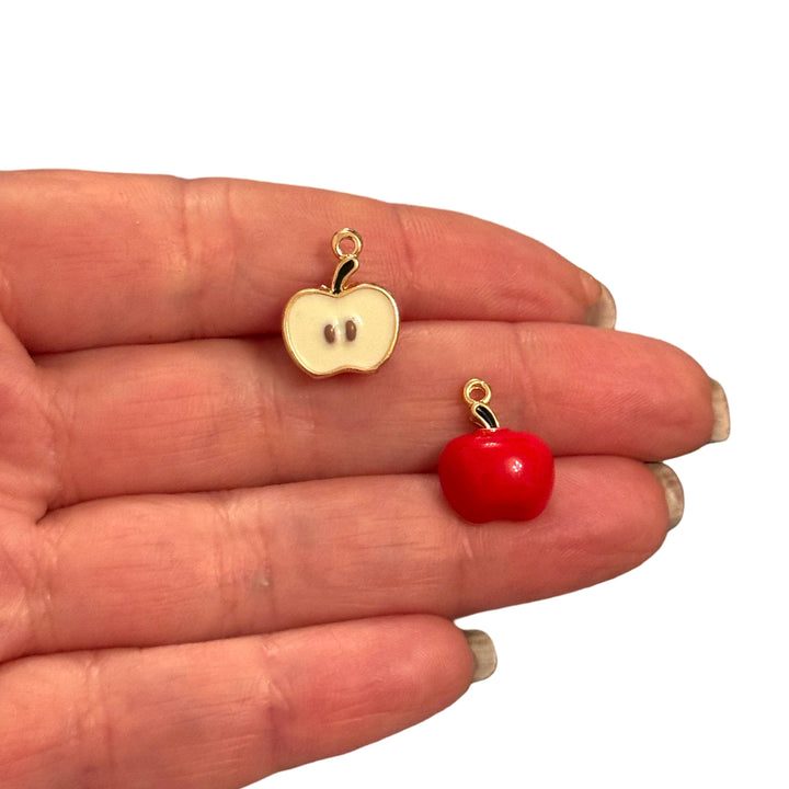 Red Apple Charm – 3D Enamel Fruit Pendant with Cut Side Detail (15x12x6mm) | 24Kt Gold Plated Brass