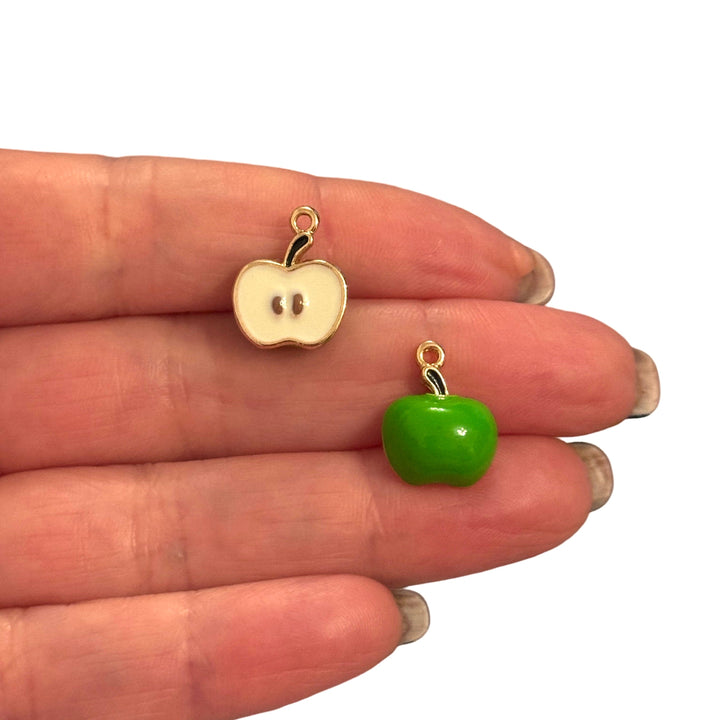 Green Apple Charm – 3D Enamel Fruit Pendant with Cut Side Detail (15x12x6mm) | 24Kt Gold Plated Brass
