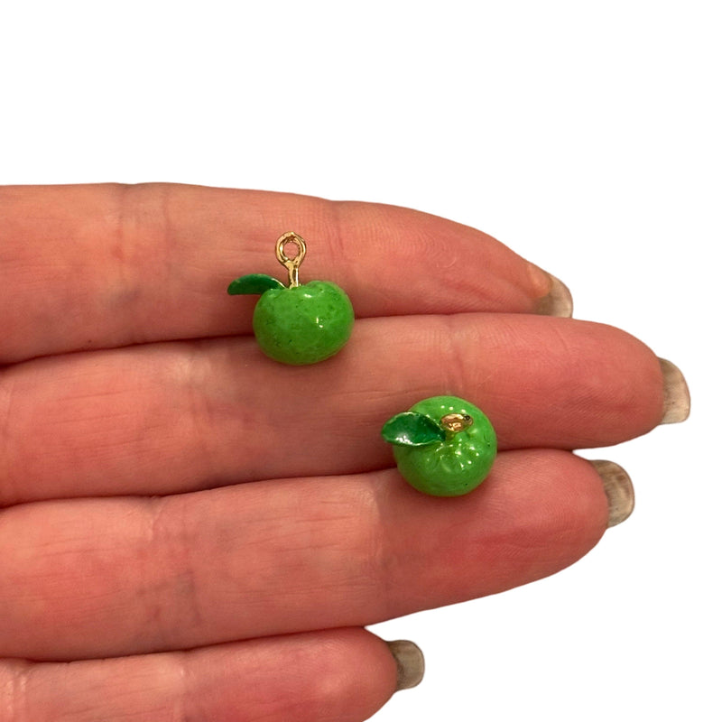 Green Apple Charm – 3D Enamelled Fruit Pendant | 24K Gold Plated Brass | Mini Apple Charm for Necklaces, Bracelets, Earrings, DIY Jewelry