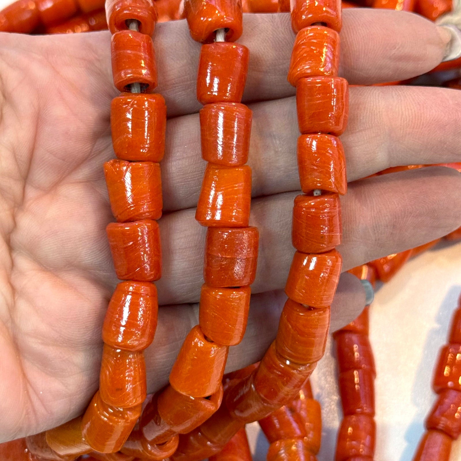 Traditional Turkish Artisan Handmade Cylinder Glass Beads, Large Hole Glass Beads, 10 Beads in a pack
