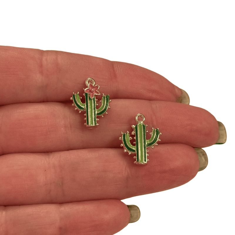 3D Double-Sided Cactus Charm with Pink Flower – Green Enamel Pendant