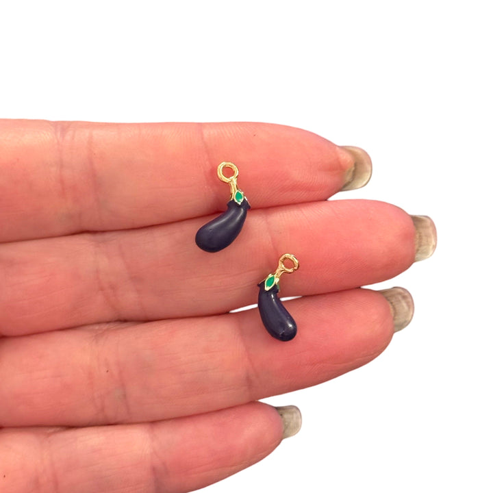 3D Eggplant Charm – Purple Enamel &amp; 24Kt Gold-Plated Vegetable Pendant