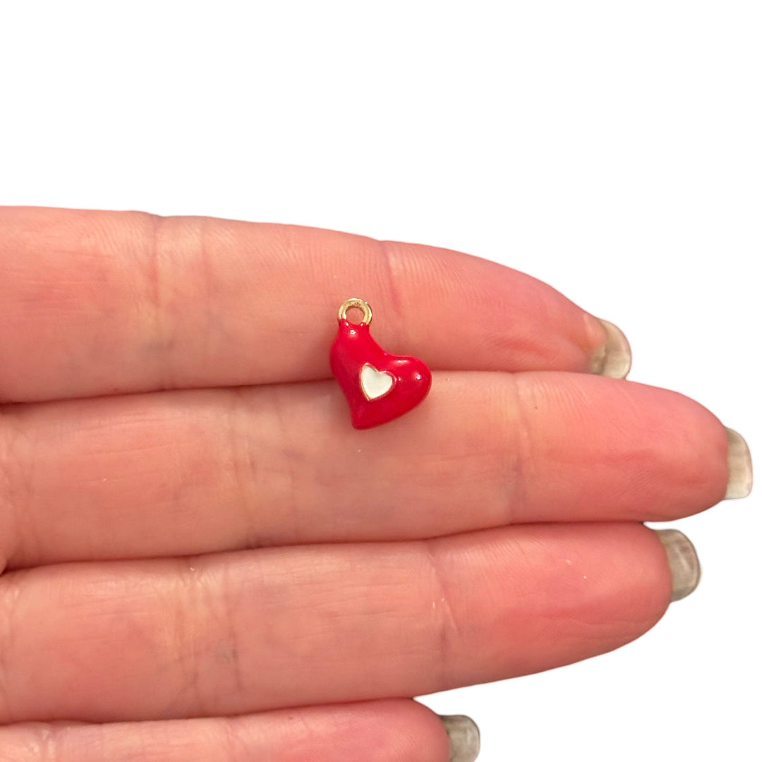 3D Red Heart Charm with White Heart Inset – Double-Sided Enamel Pendant