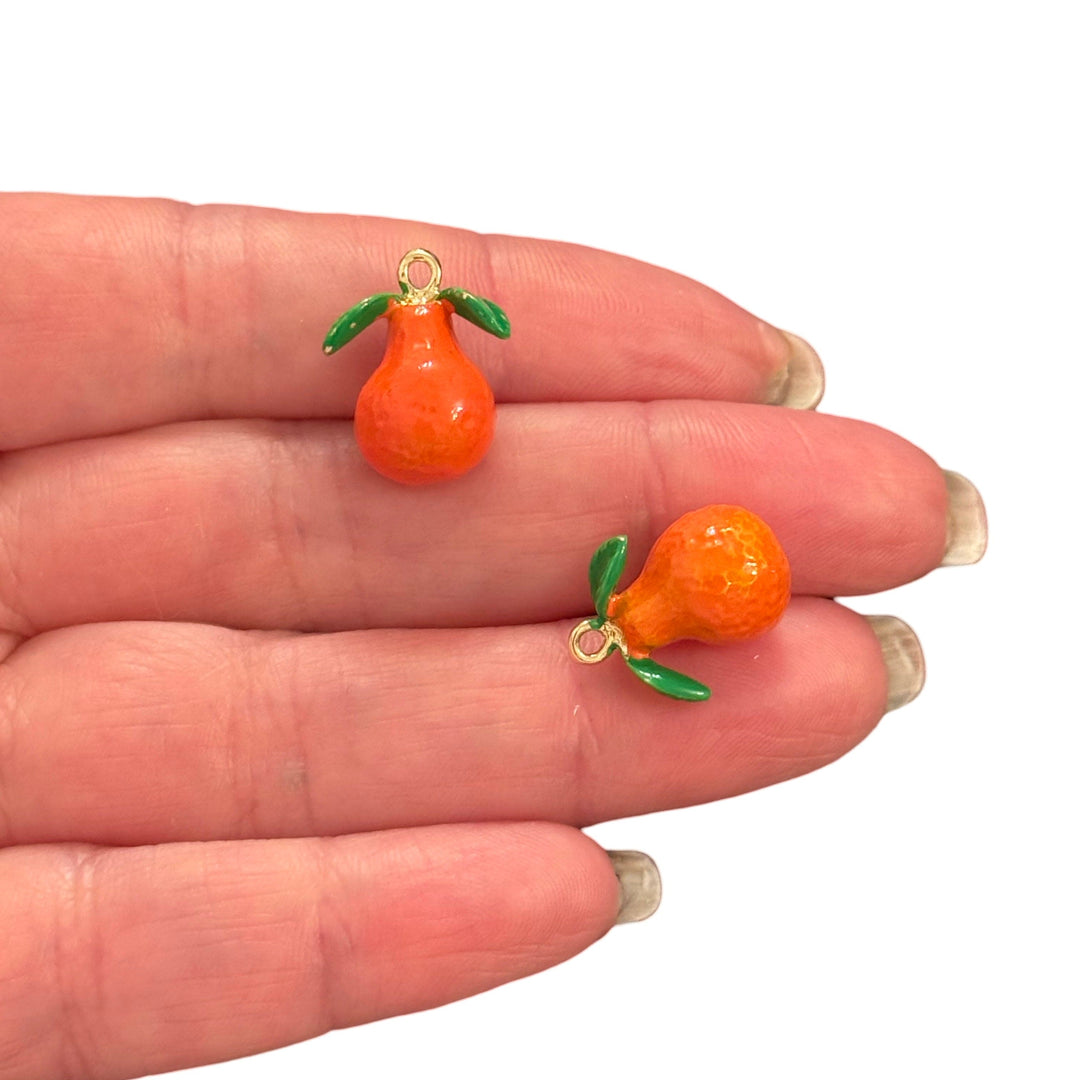 3D Orange Fruit Charm – Enamel Citrus Pendant with Green Leaves