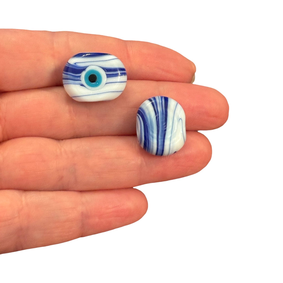 Handmade Murano Glass Marble Evil Eye Rounded Rectangle Bead – White Marble