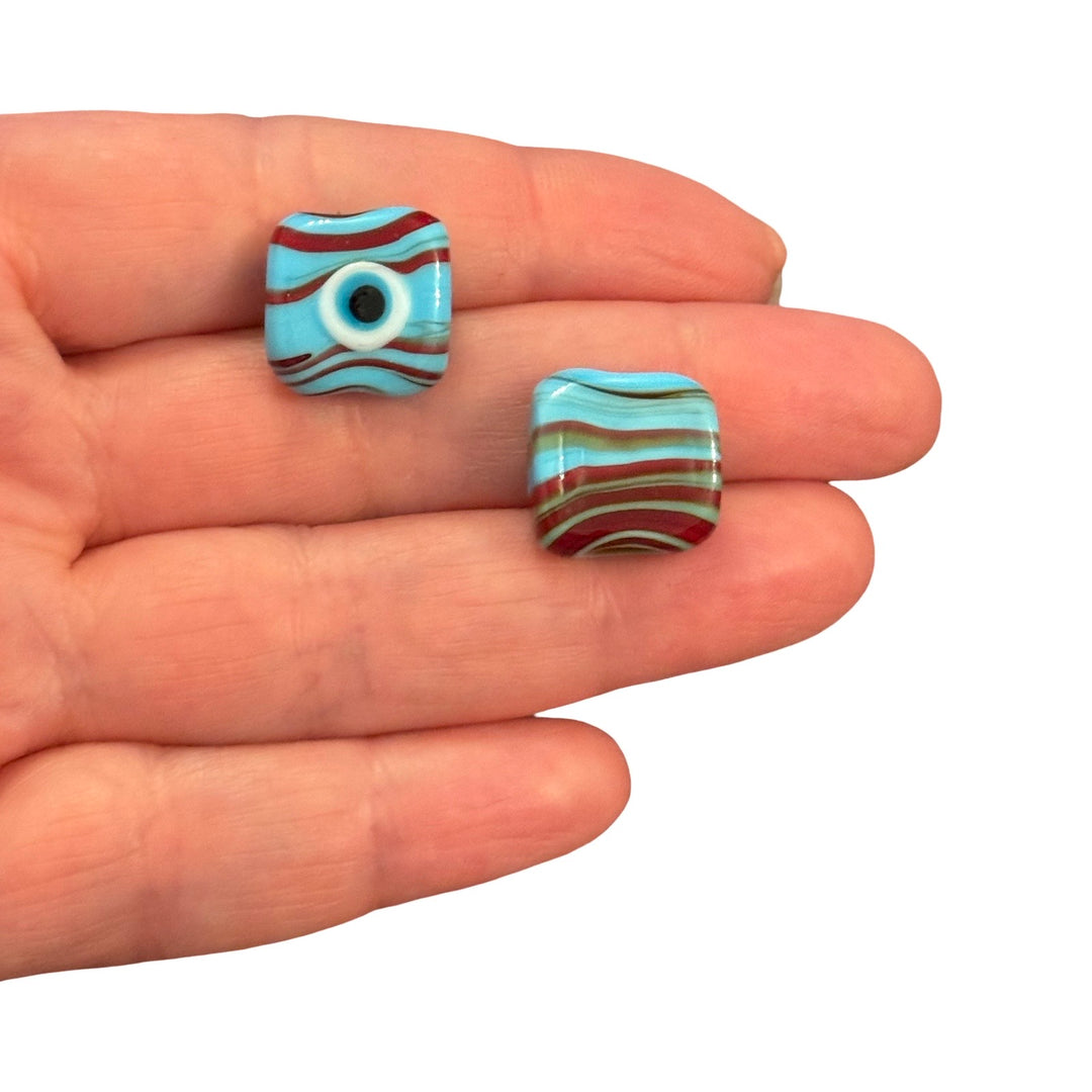 Handmade Murano Glass Marble Evil Eye Square Bead – Turquoise Red