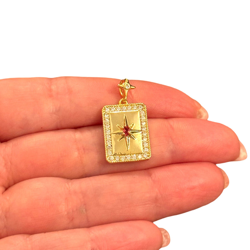 24K Gold Plated North Star Pendant – Waterproof Stainless Steel Charm with CZ Border & Red Crystal Accent