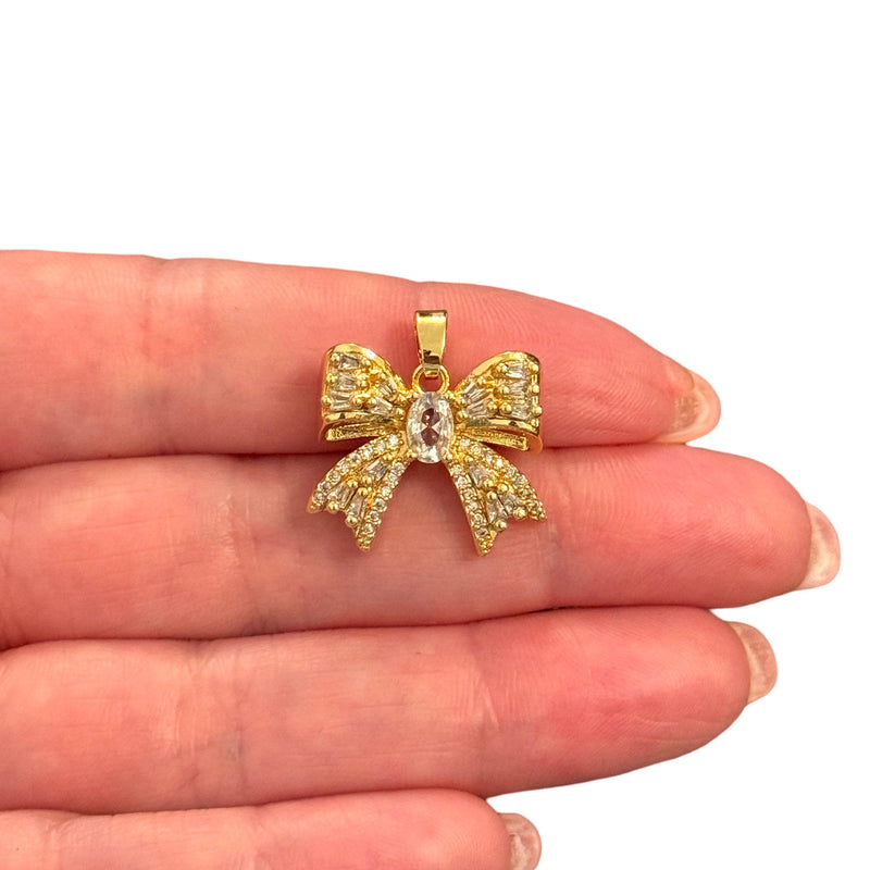 24Kt Gold Plated 3D Bow Pendant – Brass with Clear CZ & Attached Bail