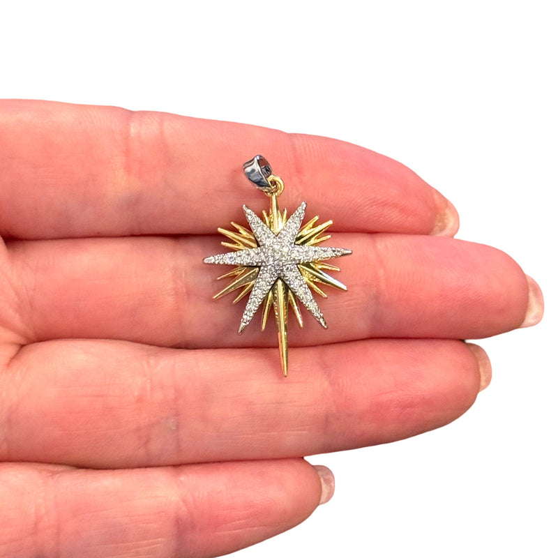 24Kt Gold Plated North Star Pendant – Brass Charm with Clear CZ, Attached Bail
