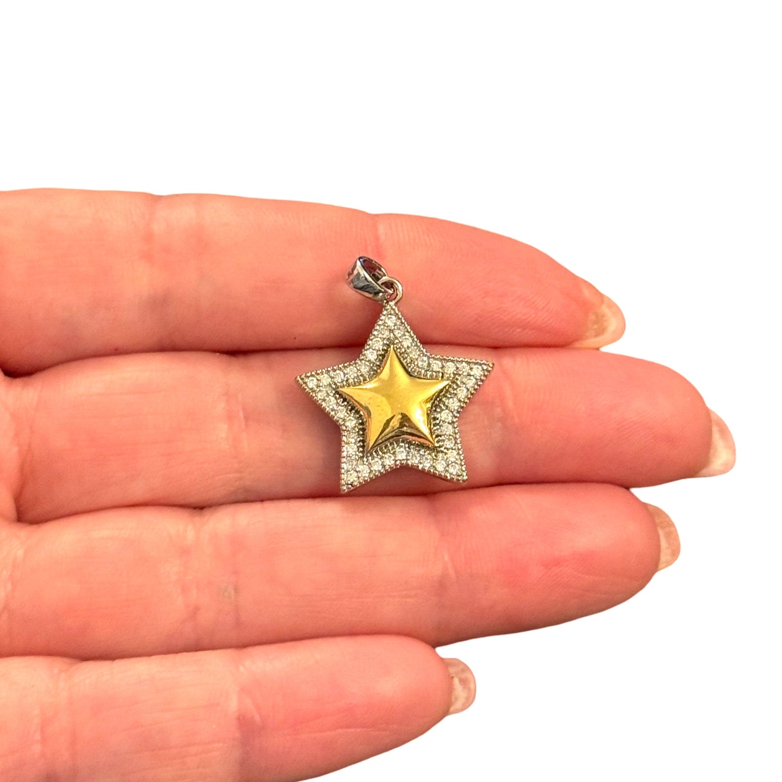 24Kt Gold Plated Star Pendant – Sparkling Two-Tone CZ Charm with Bail | Celestial Brass Jewelry Making Supply