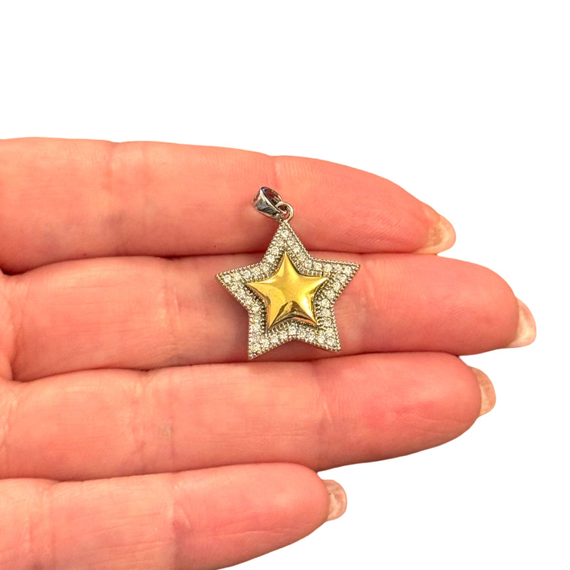 24Kt Gold Plated Star Pendant – Sparkling Two-Tone CZ Charm with Bail | Celestial Brass Jewelry Making Supply