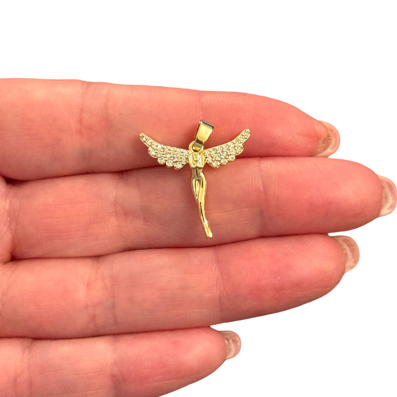 24Kt Gold Plated Angel Pendant – Brass Winged Figure with CZ Wings and Bail | Celestial Jewelry Charm