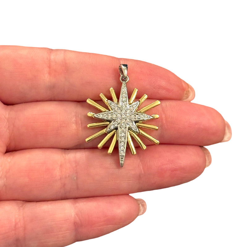 24Kt Gold Plated North Star Pendant – Large Brass Celestial Charm with CZ Accents & Bail