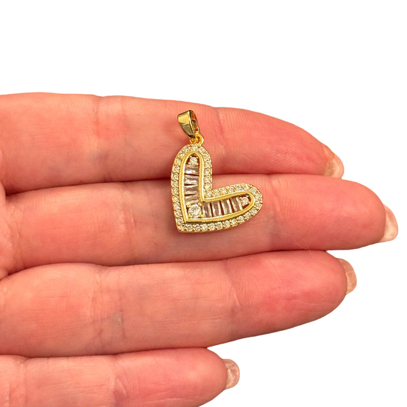 24Kt Gold Plated Heart Pendant – Brass Charm with Baguette CZ & Bail
