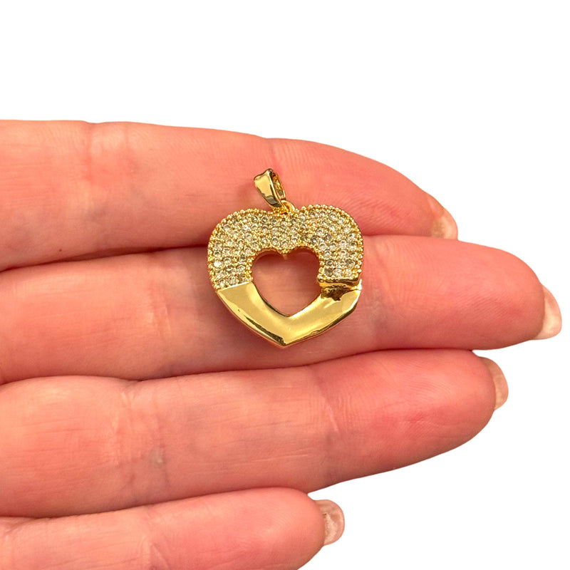24Kt Gold Plated Open Heart Pendant with CZ – Brass Charm with Bail