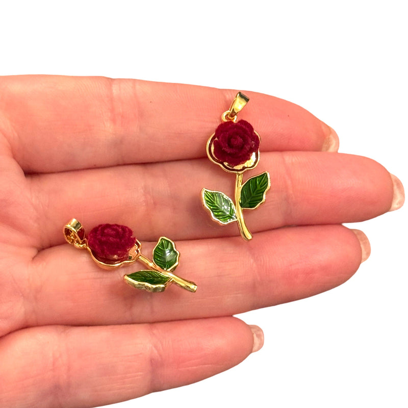 24Kt Gold Plated Velvet Rose Pendant –Red Flower Brass Charm with Bail