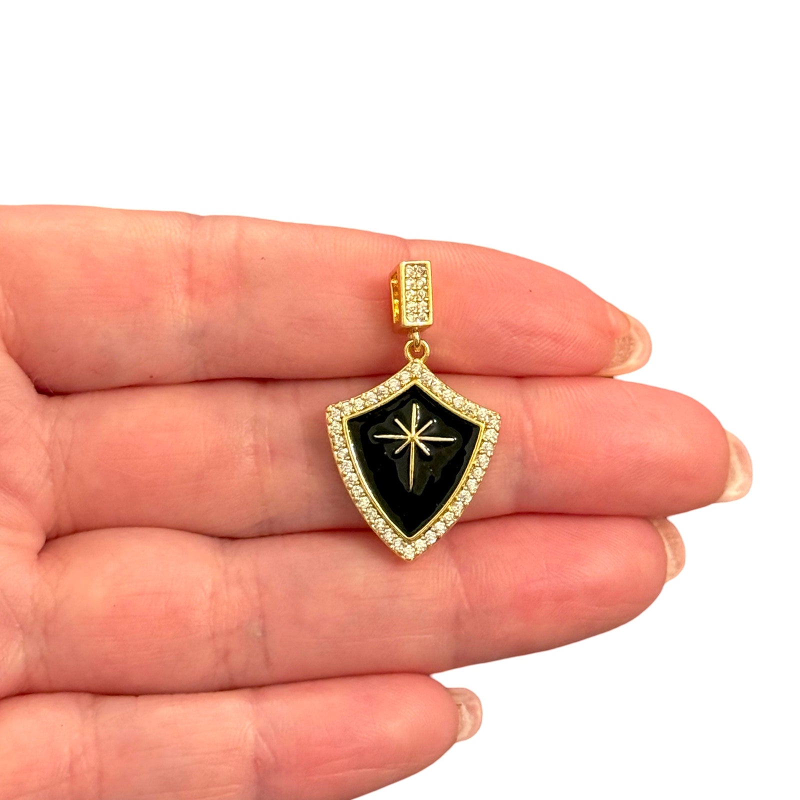 24Kt Gold Plated Black Enamel Shield Pendant with Star Charm with CZ Bail